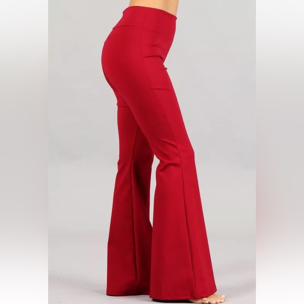 Chatoyant Rich Red Burgundy S NEW Ponte Flare Pants Bell Bottoms High Rise Boho